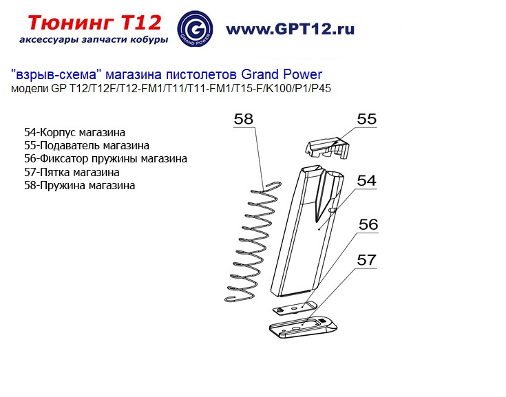 взрыв-схема магазина для пистолетов Grand Power T12/T12-FM1/T12-FM12/K100/P45/T11-FM1 (Фортуна)